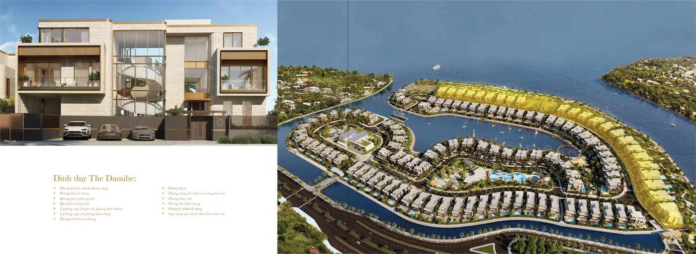 Trang brochure The Danube: mặt tiền dinh thự và vị trí dãy The Danube được tô sáng dọc mép sông