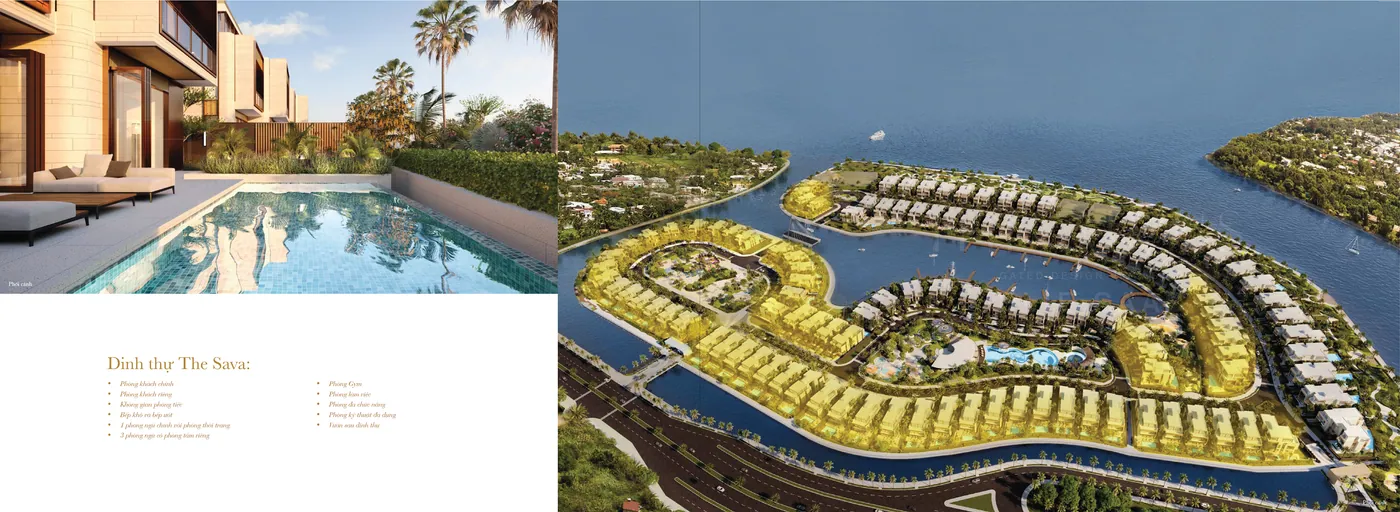 Trang brochure The Sava: hồ bơi sân sau và vị trí các dinh thự The Sava được tô sáng trên phối cảnh toàn khu